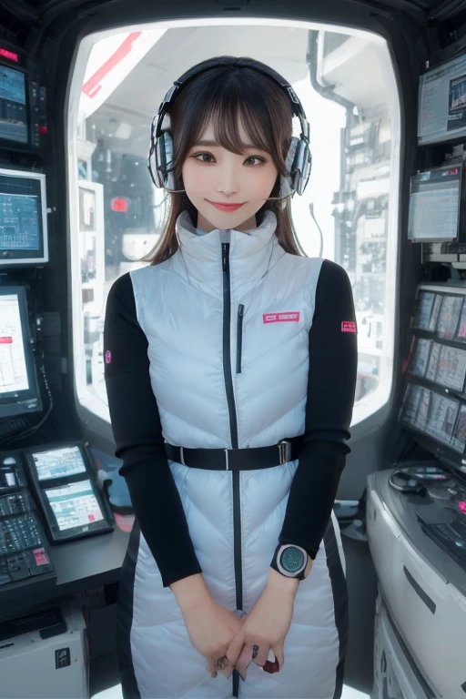 masterpiece, Highest quality, Very detailed, 8K Portrait,Japanese Android Girl,plump , Control panel,Robotic arms and legs, Blunt bangs,,break (Metallic Gray, Metallic luster, Mirror finish, Astro Best):5,headphone:5,break (Black sleeves):100,Smart Watches,Futuristic space station,Control Room,break headphone,blue eyes,(Black Hair):2,(Long Hair):1.3,Displaying the viewer,(respirator),break blush:3,Hidden Hand,smile