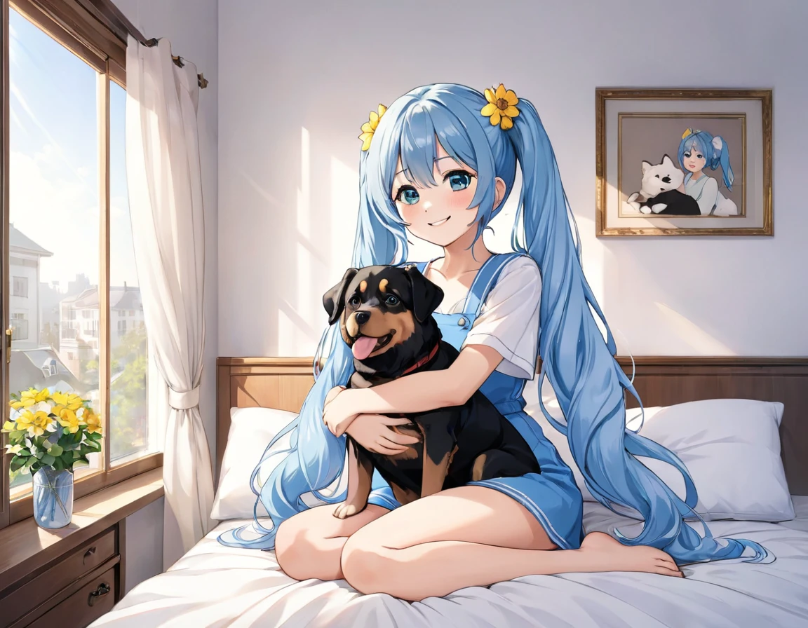 The room is decorated with many margaret flowers...、Margaret flowers on the windowsill、The morning sun is shining、Long light blue hair、beautiful girl with twin tails、Bright smile、Sitting on the bed hugging a big body pillow、My dog is watching over me beside my bed