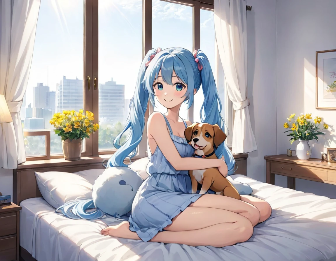 The room is decorated with many margaret flowers...、Margaret flowers on the windowsill、The morning sun is shining、Long light blue hair、beautiful girl with twin tails、Bright smile、Sitting on the bed hugging a big body pillow、My dog is watching over me beside my bed
