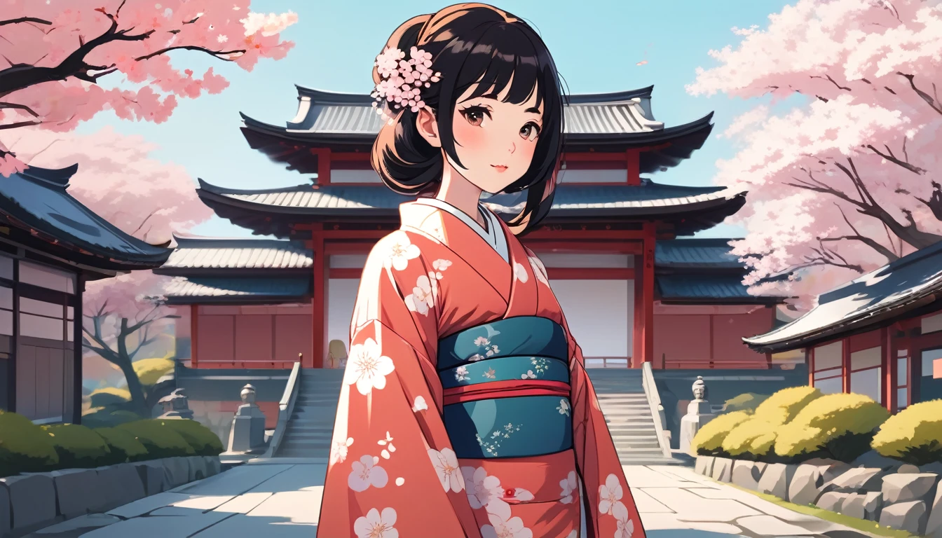 A cool kimono woman,Japanese temple with cherry blossoms in the background、 Wide-angle lens, Lofi Anime, Lofi illustration, Aesthetic atmosphere, Lo-Fi Style, Vector art, Flat Design, Simple shape, Warm tones, Pleasant atmosphere, Chill, In anime style, Digital drawing, Vector art, Vector logo for t-shirt printing, (Adorable:1.5), (small:1.4), (Playful:1.2), (soft:1.3), (Whimsical:1.1), masterpiece, Highest quality, 8K, Intricate details, grow, Celestial, Mysterious, Picturesque, amazing, Majestic, Magic, Fantasy art, Cover art, dream-like