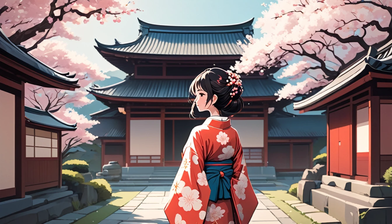 A cool kimono woman,Japanese temple with cherry blossoms in the background、 Wide-angle lens, Lofi Anime, Lofi illustration, Aesthetic atmosphere, Lo-Fi Style, Vector art, Flat Design, Simple shape, Warm tones, Pleasant atmosphere, Chill, In anime style, Digital drawing, Vector art, Vector logo for t-shirt printing, (Adorable:1.5), (small:1.4), (Playful:1.2), (soft:1.3), (Whimsical:1.1), masterpiece, Highest quality, 8K, Intricate details, grow, Celestial, Mysterious, Picturesque, amazing, Majestic, Magic, Fantasy art, Cover art, dream-like