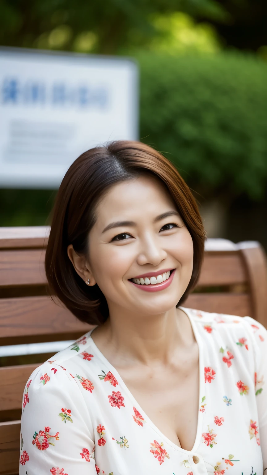 8k wallpaper, masterpiece, Highest quality, Super detailed, One Mature Woman, 50 years old, Become very clear, Wearing a short-sleeved blouse, Skin dents, Captivating smile, Looking at the audience, Cleavage, plump, Curvaceous, Fascinating face, Smiling with teeth showing, Wrinkles around the eyes, Sitting on a park bench, Background Blur