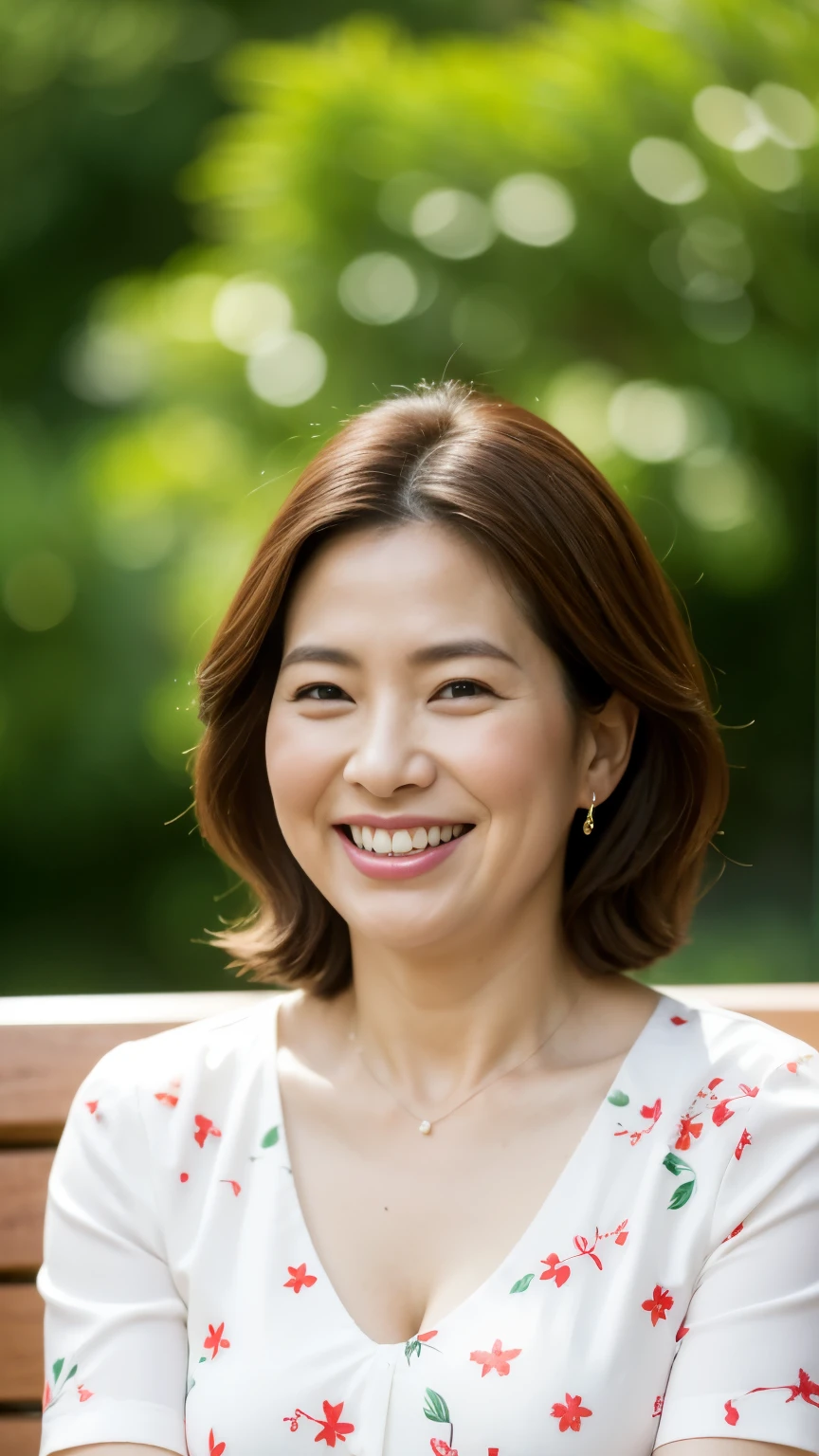 8k wallpaper, masterpiece, Highest quality, Super detailed, One Mature Woman, 50 years old, Become very clear, Wearing a short-sleeved blouse, Skin dents, Captivating smile, Looking at the audience, Cleavage, plump, Curvaceous, Fascinating face, Smiling with teeth showing, Wrinkles around the eyes, Sitting on a park bench, Background Blur