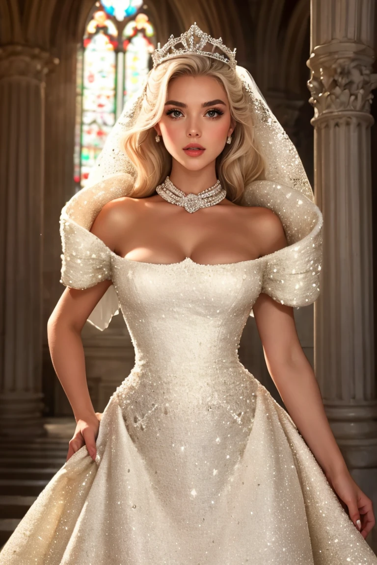 adult beautiful woman, high quality, best quality, highres, high detail platinum blonde hair, (haute couture), wedding ballgown, white dress, short sleeves, standing, cleavage, tiara, (cathedral, ornate), ((rim lighting)) (shadows)  hand on hip,