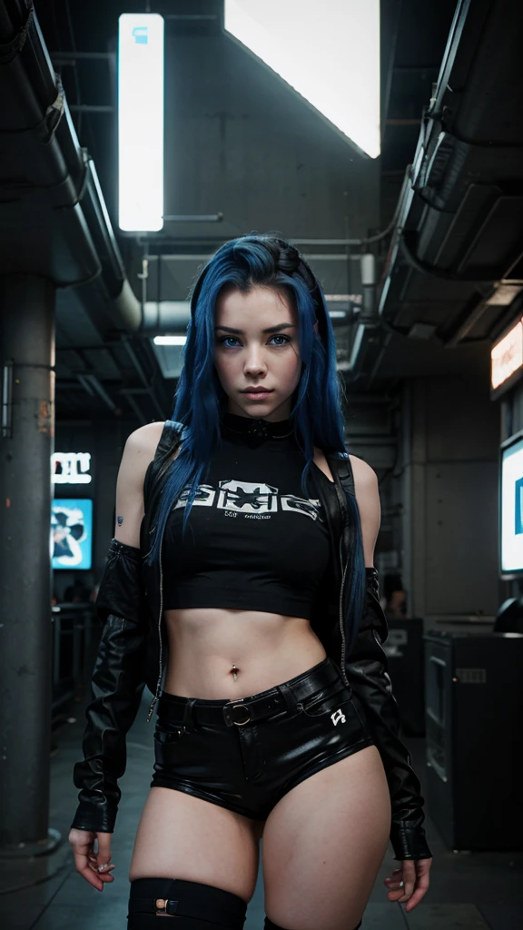 A 23-year-old girl with the face of Amy Lee, blue eyes, hyperrealistic, with short shorts, cyberpunk style