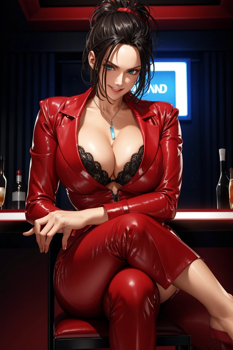 Clothes that hide cleavage portrait of eletric sinclair sitting at a bar in an android nightclub, wearing a red leather jacket, with an evil grin, (masterpiece),(best quality),(detailed),(8k),(highres),(wallpaper),(cinematic lighting),(sharp focus),(complex)