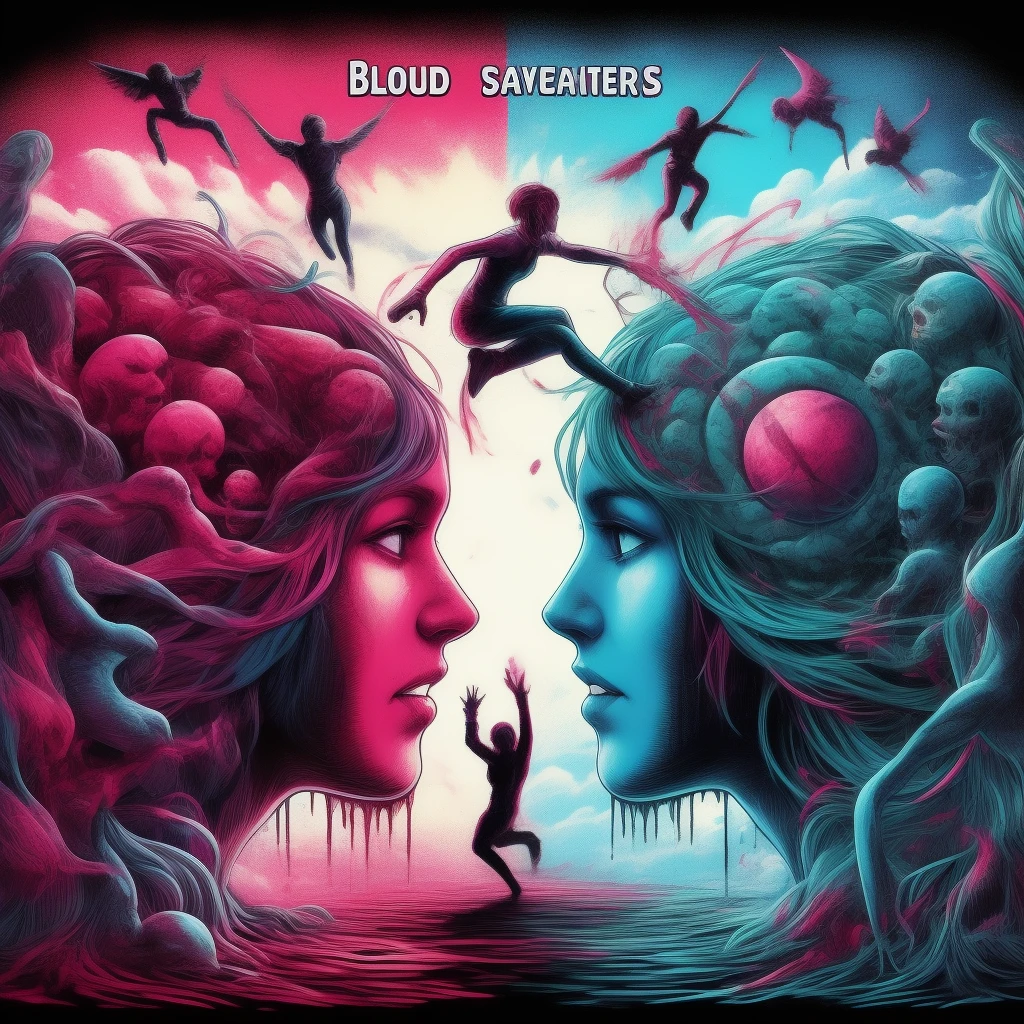 blood scavengers opposite world dream cyan magenta. A fight inside a broken mind. A splendid beautiful trans woman trying to emerge as the future in an astonishing panorama of end times.