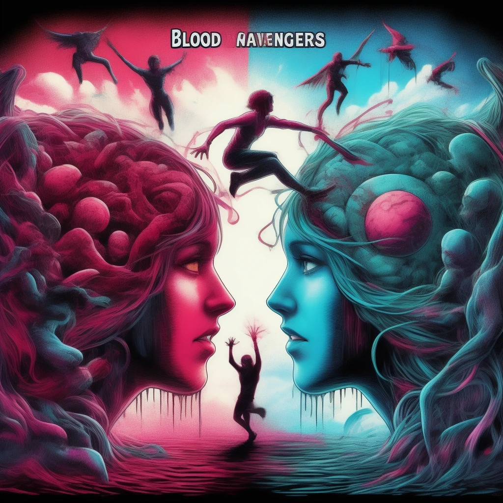 blood scavengers opposite world dream cyan magenta. A fight inside a broken mind. A splendid beautiful trans woman trying to emerge as the future in an astonishing panorama of end times.