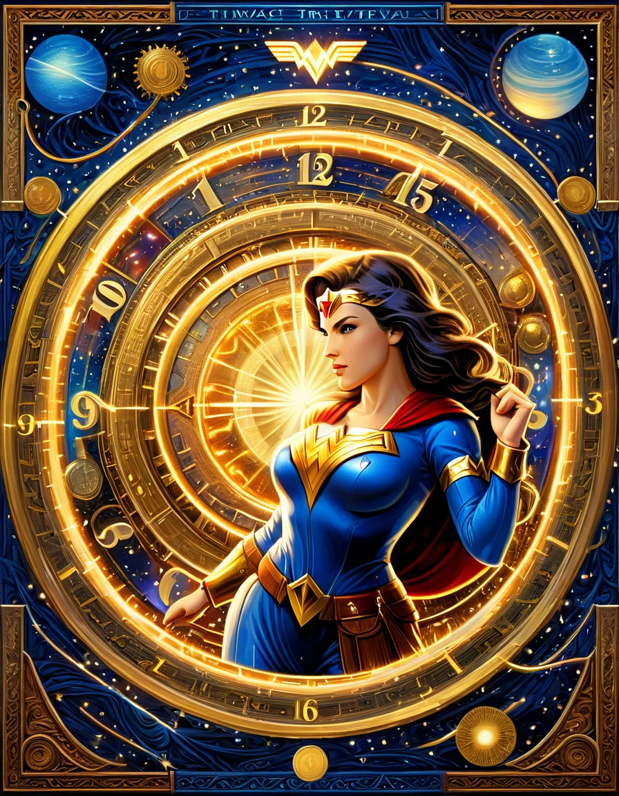 Explore the concept of time travel within the Plex interface, portraying different Wonder Women from distinct eras coexisting in a dynamic and visually intricate tapestry. Hyper realistic photo, 16k, vibrant colors