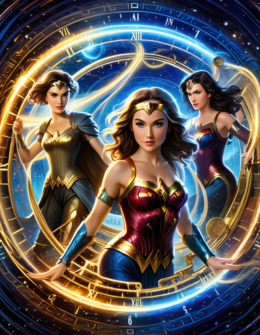 Explore the concept of time travel within the Plex interface, portraying different Wonder Women from distinct eras coexisting in a dynamic and visually intricate tapestry. Hyper realistic photo, 16k, vibrant colors