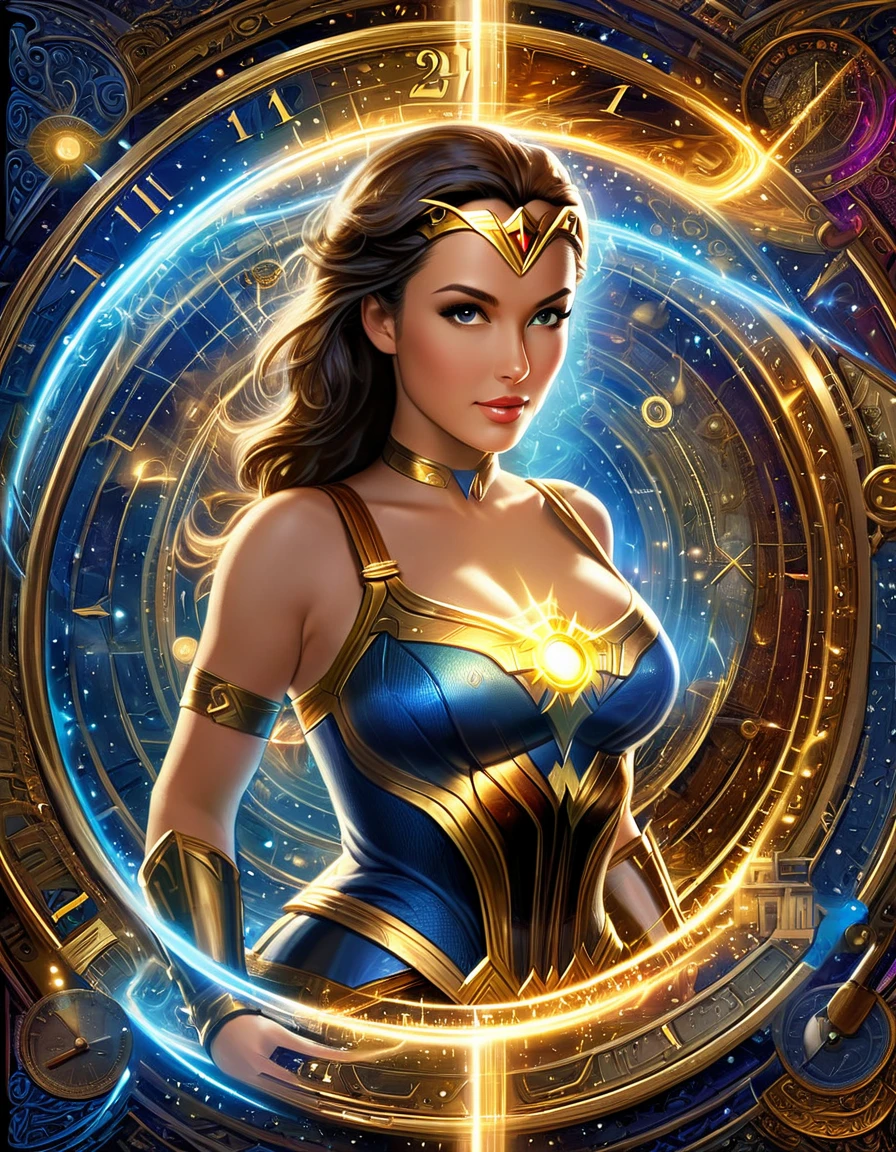 Explore the concept of time travel within the Plex interface, portraying different Wonder Women from distinct eras coexisting in a dynamic and visually intricate tapestry. Hyper realistic photo, 16k, vibrant colors