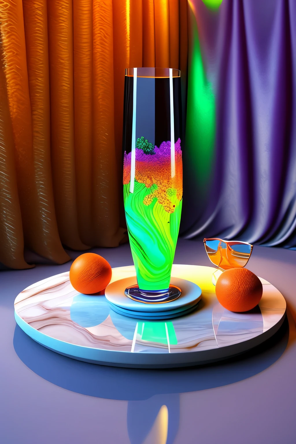 surreal glass shape, liquid glass, chromatic aberration, broken prism, refraction, light caustics, detailed illustration , oranges on a white marble table, deep purple velvet drapes, 8k, photography style,2 glasses with orange bioluminescent fluid in them, on a white marble table, bioluminescent, colorfull, glow,