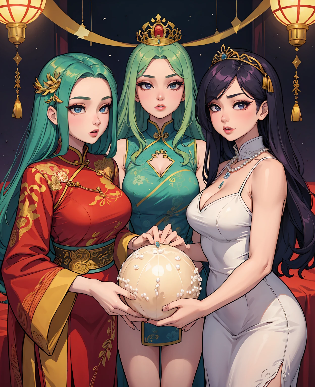 There is a woman in a cheongsam, 27 years old, 28 years old, 29-years-old, 32 years old, Delicate Makeup, Ye Wen, 23 year old, Round face, liana fly, gold tiara, Pearl necklace, jade hair clip