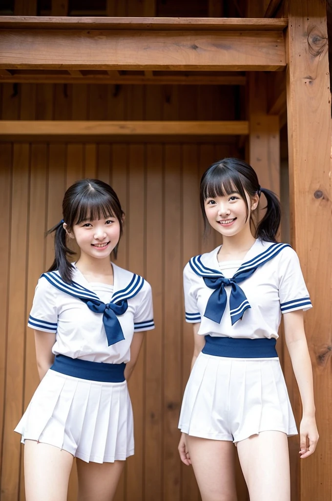 2 girls walking in wooden school classroom,white micro bikini,18-year-old,bangs,a little smile,thighs,knees,short hair with low pigtails bunches with sailor ribbon bow,from below,front light