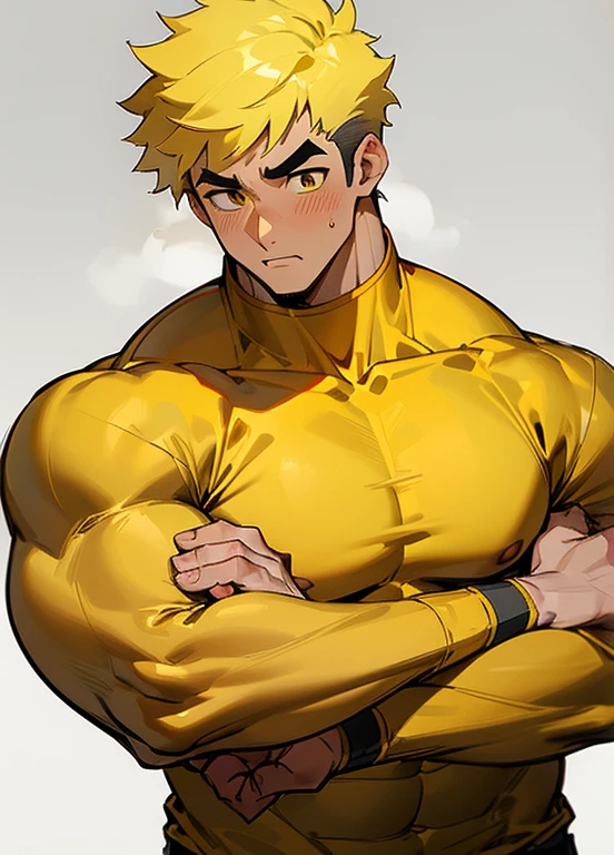 anime characters：Gyee, Priapuuscle Sports Student, 1 muscular tough guy, Manliness, male focus, Light yellow high collar long sleeve tight T-shirt, Very tight, The clothes were soaked with sweat, The pectoral muscles are oversized, Slightly transparent, muscular male, muscular, only, Upper body, alone, Black short hair, Thick eyebrows, stubble, Yellow eyes, Grey background, simple background, amazing quality, best aesthetics, Ridiculous, bright pupils, crew cut, parted lips, shy, blush, moaning, saliva trail, drop shadow, best quality