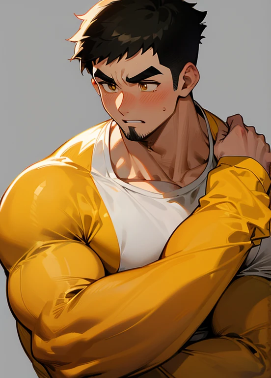 muscular male, bara, male focus, Yellow and black tight T-shirt, red shorts, huge pecs, muscular male, muscular, pectorals, white hands grab his pecs, are oversized, alone, look to the side, short hair, stubble, black hair, green eyes, White background, simple background, amazing quality, best aesthetics, Ridiculous, short hair, bright pupils, open lips, Sweat, Awkward, blush, best quality