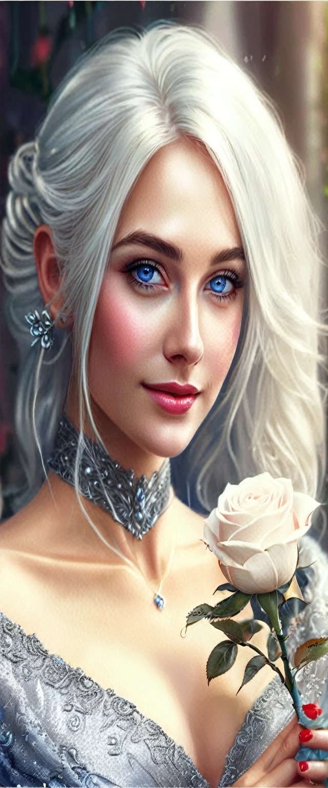 blond woman with white hair and blue eyes holding a rose, digital fantasy portrait, detailed matte fantasy portrait, fantasy art portrait, fantasy portrait, fantasy character portrait, fantasy portrait art, stunning digital illustration, realistic fantasy illustration, detailed character portrait, character art portrait, fantasy genre portrait, fantasy characture portrait, detailed beauty portrait, beautiful fantasy art portrait, fantasy concept art portrait, show cleavage