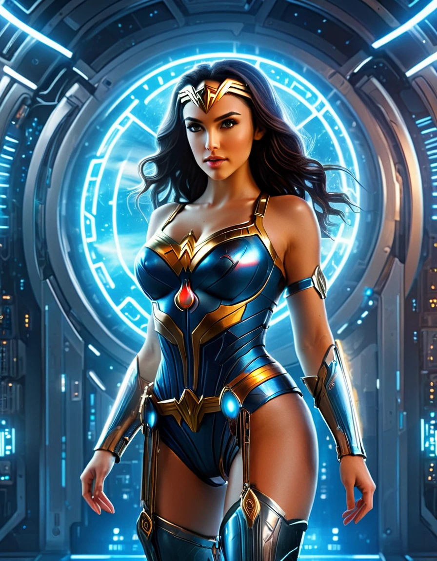 Push the boundaries of machine creativity by blending Wonder Woman with futuristic elements, creating a hyperrealistic cyborg version within the Plex environment. Hyper realistic photo, 16k, vibrant colors