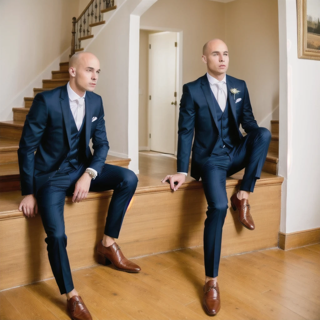 naughty man, 25 again, Scrawny, baldie, formal outfit, chic, suit, social shoe, sitting on the stairs, casa chic, millionaire, luxury house 