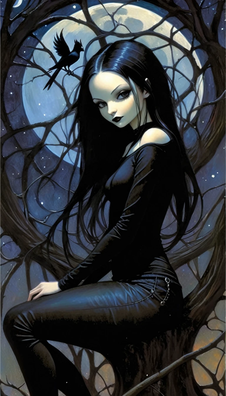 Sexy gothic girl, long black and straight hair, tight black t-shirt and jeans, small breasts, pale white skin tone, ankh symbol, a dark crow accompanies her, sitting under a tree with convoluted branches, magic, fantastic, night sky, moon , stars, background (simple oil painting in a Dave mcKean style)
