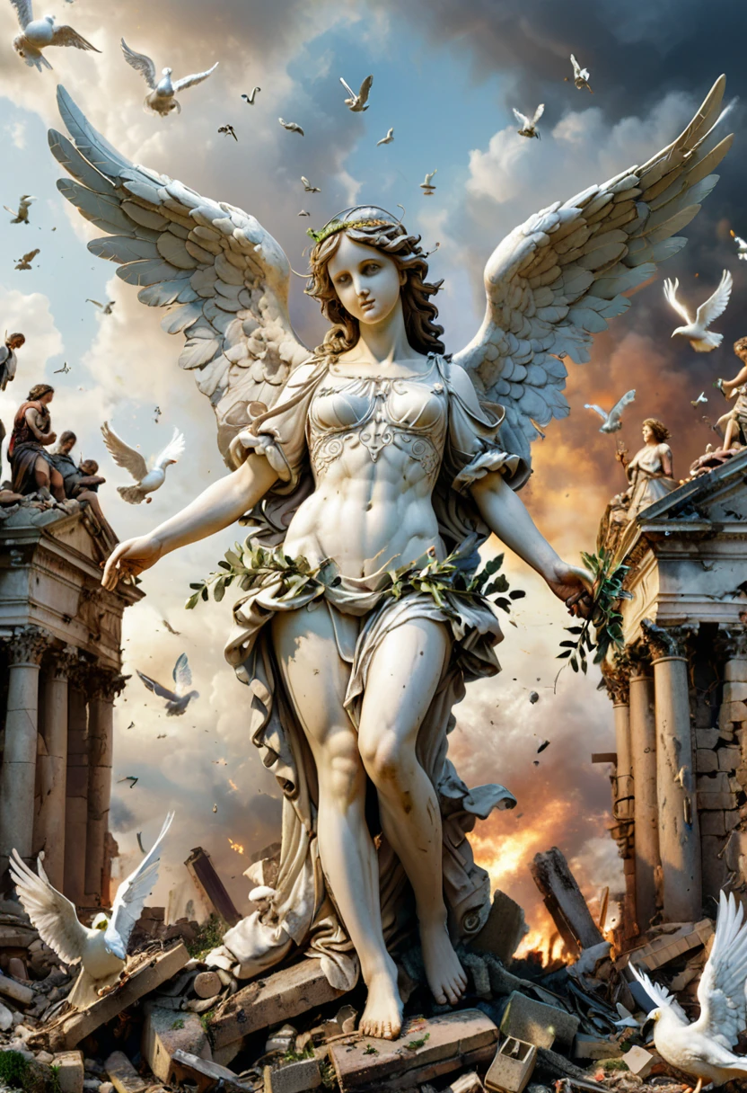 (close up of angel), classical style, an angel holding an olive branch flies over the ruins of war. Her appearance causes all the soldiers who were originally fighting to stop their weapons. The white doves falling in the sky symbolize peace. The main body of the picture is angels and soldiers, with war ruins and the sky in the background, wings, full body, (Photography), panoramic view, award-winning, cinematic still, emotional, vignette, dynamic, vivid, (masterpiece, best quality, Professional, perfect composition, very aesthetic, absurdres, ultra-detailed, intricate details:1.3)