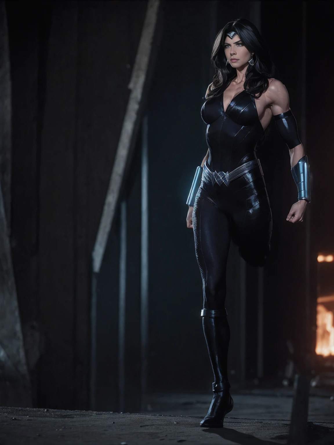 (((full body photo))) Donna troy, stands imposingly in a Themyscira city. The day highlights your muscles and scars. The setting is lush and mysterious, with futuristic technology and surroundings. The camera details everything, a warrior woman, in front of you.


