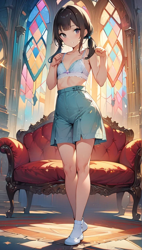 (masterpiece:1.8),(Highest quality:1.8),(Very detailed:1.8),(8k:1.8),(Ultra-fine Illustration:1.5),,,Straight low twintail,Flat Chest,Small Ass,(High-grade ,,lingerie:1.4),(Prayer Pose:1.5),Vintage sofa,,(Full body angle), Stained glass, Rainbow Gradient, Foundation, (bra:1.3), (lingerie,culottes:1.1),