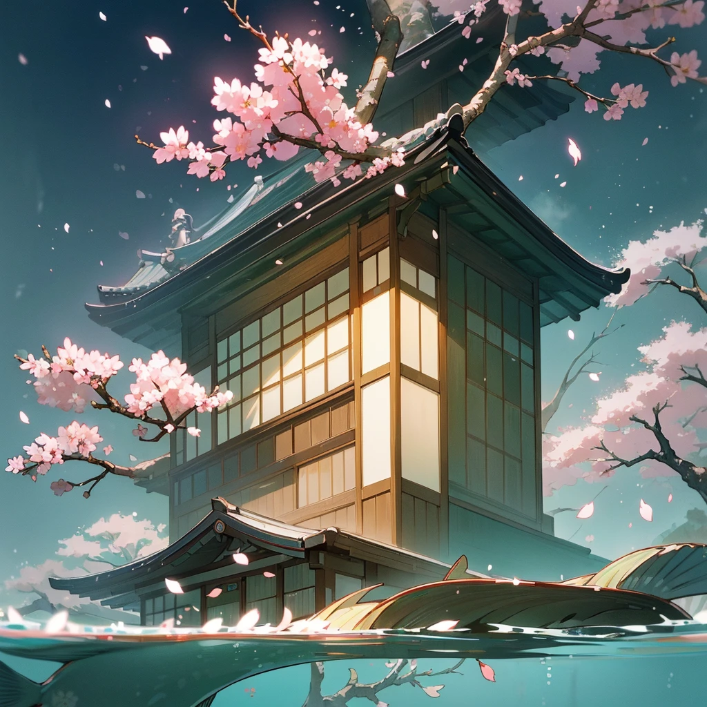 ((cherry tree in full bloom)) ((green grassland)) ((underwater)) ((floating bubbles)) ((Japanese style building)) ((mysterious fish))
((Falling cherry blossom petals))