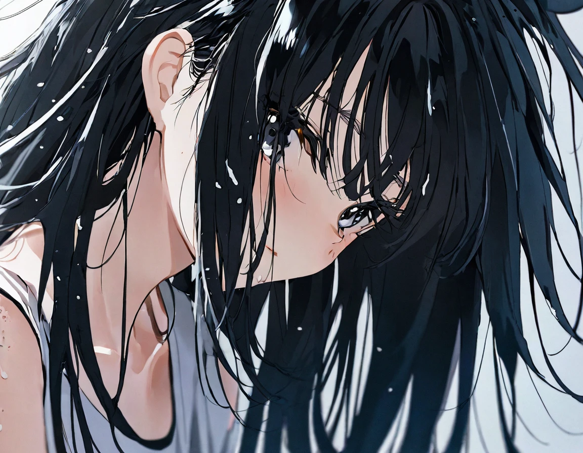 1 girl, Idol, close up, clavicle, ,, photoshot, film, Depth of field, texture skin, t - shirt, rubber elastic, cowlick, long hair, Messy hair, freckles, Bblack hair, white streaks all over your hair