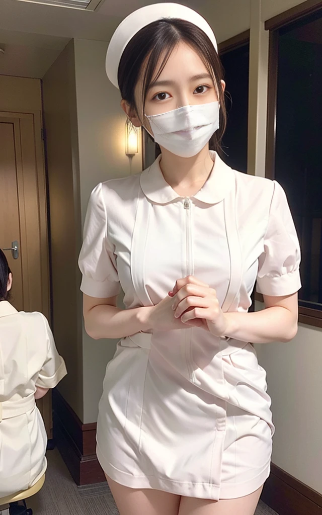 1 girl,(Wearing white nurse clothes:1.2),(RAW photo, highest quality), (realistic, photo-realistic:1.4), masterpiece, very delicate and beautiful, very detailed, 2k wallpaper, wonderful, finely, very detailed CG unity 8k wallpaper, Super detailed, High resolution, soft light, beautiful detailed girl, very detailed eyes and face, beautifully detailed nose, finely beautiful eyes, nurse, perfect anatomy, black hair, up style, nurse uniform, ((mask)), long skirt, nurse, white costume, thin, hospital, clear, white uniform, hospital room, auscultation of the neck,bob cut