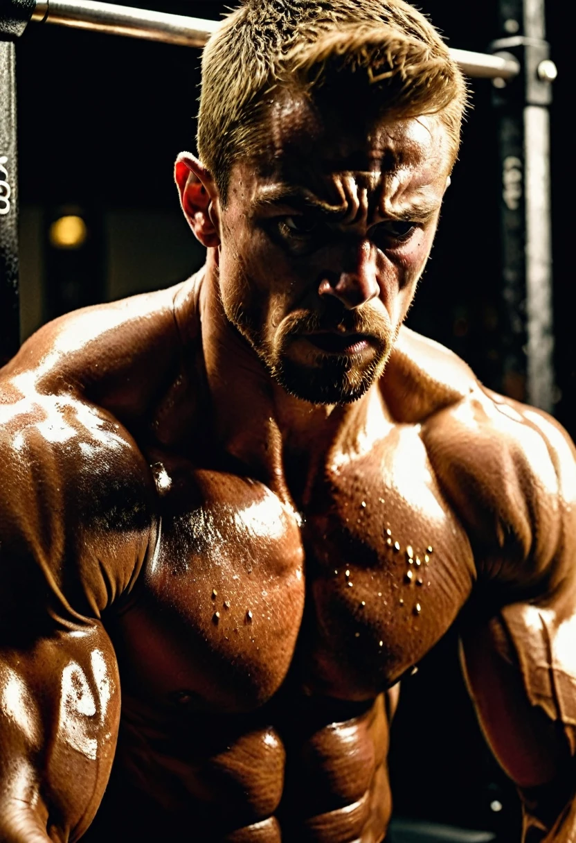 A corner gym scene: a focused, beads-of-sweat-covered young man, intense strength training, taut muscles, determined/pained expression, weights burning muscles, limit-pushing, surrounding equipment, spotlight-lit, body sculpting perfection.