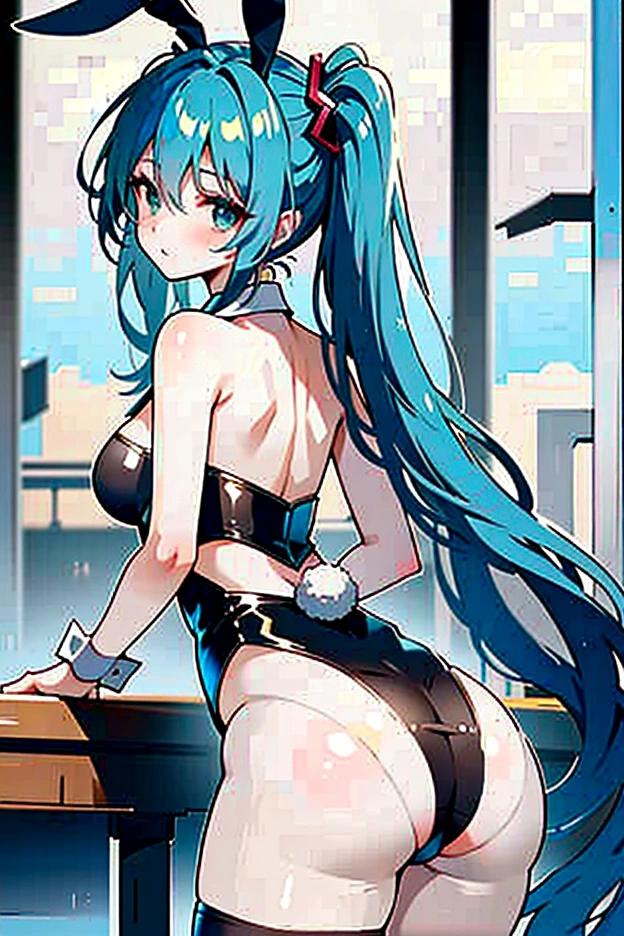 hatsune miku Rabbit hole, Thin anime girl with thin hips and well-defined buttocks but proportional to her thin body with blue hair wearing a sexy bunny suit with somewhat large gray bunny ears and two black bows with white stripes in each ponytail of her hair on her back., with a white collar on his neck, with the ass open and the Asian hip on one side, dancing on a pole moving her hips from one side to the other, The girl is tied by both hands to the pipe with police handcuffs which have her tied to the pipe. , with somewhat transparent black tights that show the color of her legs with a white bunny tail and lingerie-type underwear Rear perspective image