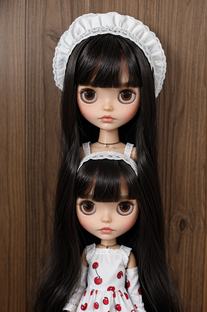 Create a Blythe doll with long hair, straight, with bangs and black color, not so light skin, dark brown eyes and wears a white dress with a cherry print