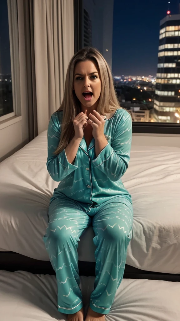 mature woman in, 60 years old, Alone, Long hair, Looking at the viewer, GrayBlonde hair, Brown eyes, Jewelry, Full body, (wearing elegant patterned green heart Pajamas), Distant photo, Realistic, A sexy one, beautiful colour, Perfect skin, 3 bust size, instagram (Realistic, A high resolution),photo size 3:4, 1 cute sexy mature woman, large expressive blue eyes, happy, (8K, raw photo, Best quality, High detail, She sitting on bed, she sat in the bed, curvy body, she Screaming loudly in fear, head raised, open mouth, close eyes, big windows city night views background