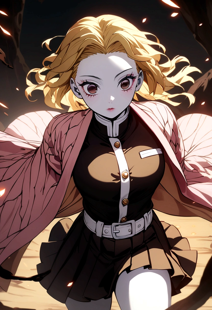 A girl is in the anime style of Kimetsu no Yaiba with pale skin, brown eyes and long ash yellow hair. She has her demon hunter uniform with a pink haori and has a uniform neckline and a skirt.