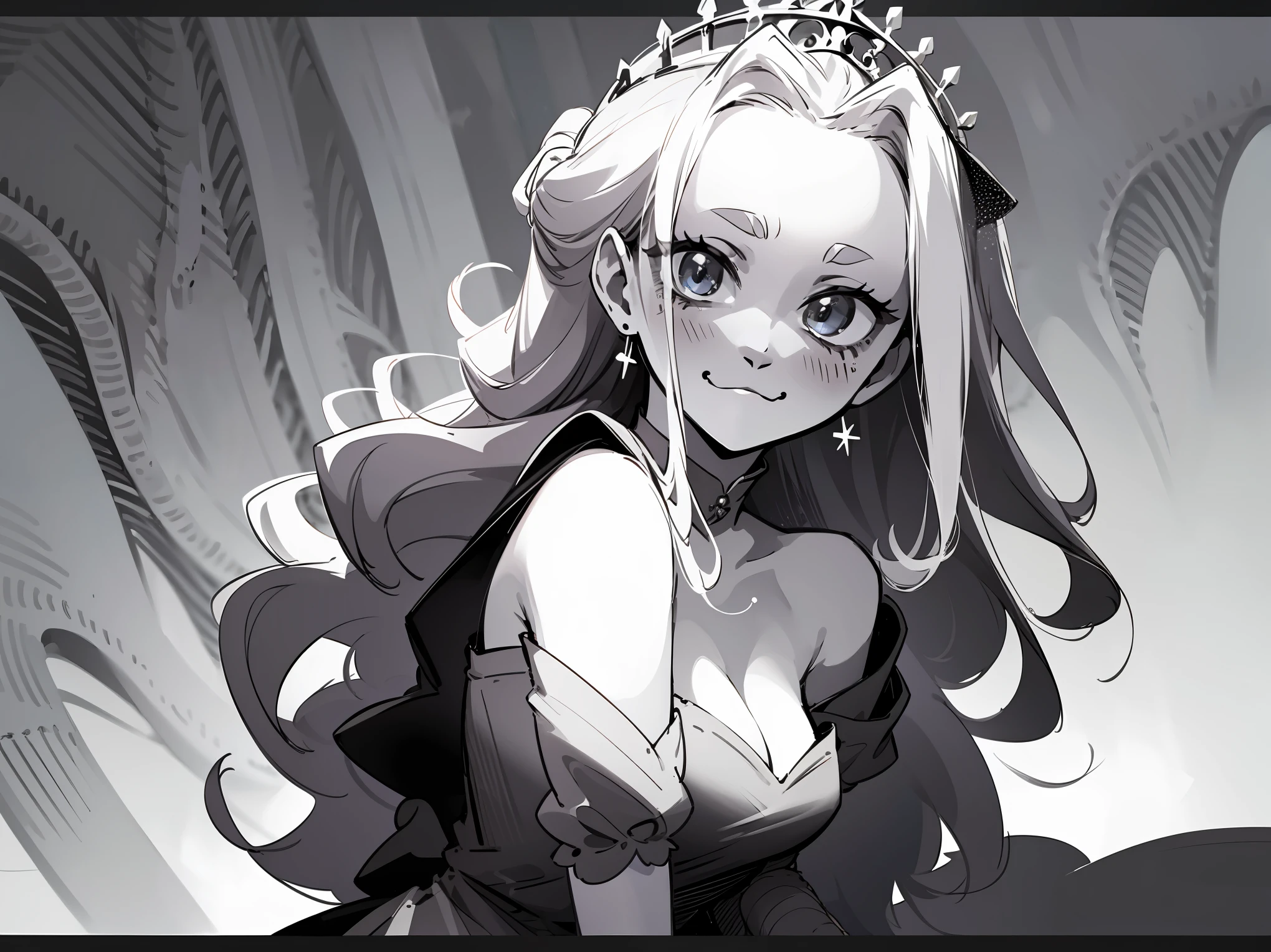 Best quality: 1.0), (Super High Resolution: 1.0), matured princess, monochrome, smile