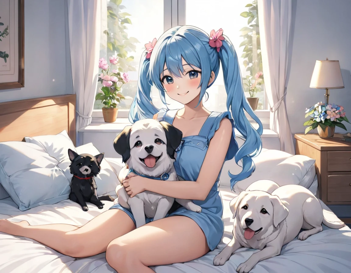 The room is decorated with many margaret flowers...、Margaret flowers on the windowsill、The morning sun is shining、Long light blue hair、beautiful girl with twin tails、Bright smile、Sitting on the bed hugging a big body pillow、My dog is watching over me beside my bed