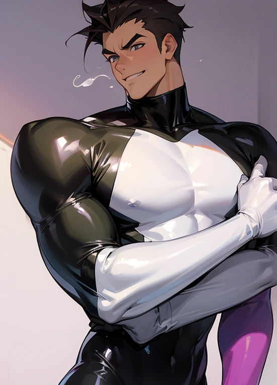 , big pectorals, himbo, smirk, liquid latex, latex bodysuit, ,