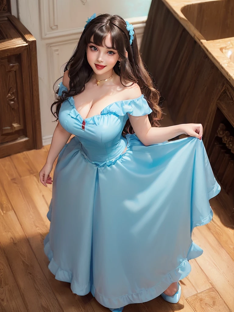 (((1 girl))) DisneyAurora, 27 years old, full body view Beautiful woman (((shoulder length wavy brunette hair, two side up with bangs))) defined body, voluptuous, sexy, Red lipstick, hands free, (((mouth slightly open, smiling))) (((standing facing camera))) ((( pale blue dress, long skirt))), in a marble grand hall (large_breasts:1.2) (curvy:1.1)(chubby:0.9)