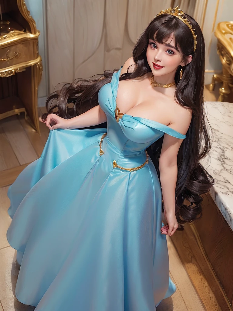 (((1 girl))) DisneyAurora, 27 years old, full body view Beautiful woman (((shoulder length wavy brunette hair, two side up with bangs))) defined body, voluptuous, sexy, Red lipstick, hands free, (((mouth slightly open, smiling))) (((standing facing camera))) ((( pale blue dress, long skirt))), in a marble grand hall (large_breasts:1.2) (curvy:1.1)(chubby:0.9)