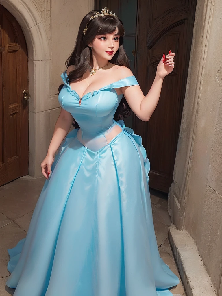 (((1 girl))) DisneyAurora, 27 years old, full body view Beautiful woman (((shoulder length wavy brunette hair, two side up with bangs))) defined body, voluptuous, sexy, Red lipstick, hands free, (((mouth slightly open, smiling))) (((standing facing camera))) ((( pale blue dress, long skirt))), in a marble grand hall (large_breasts:1.2) (curvy:1.1)(chubby:0.9)