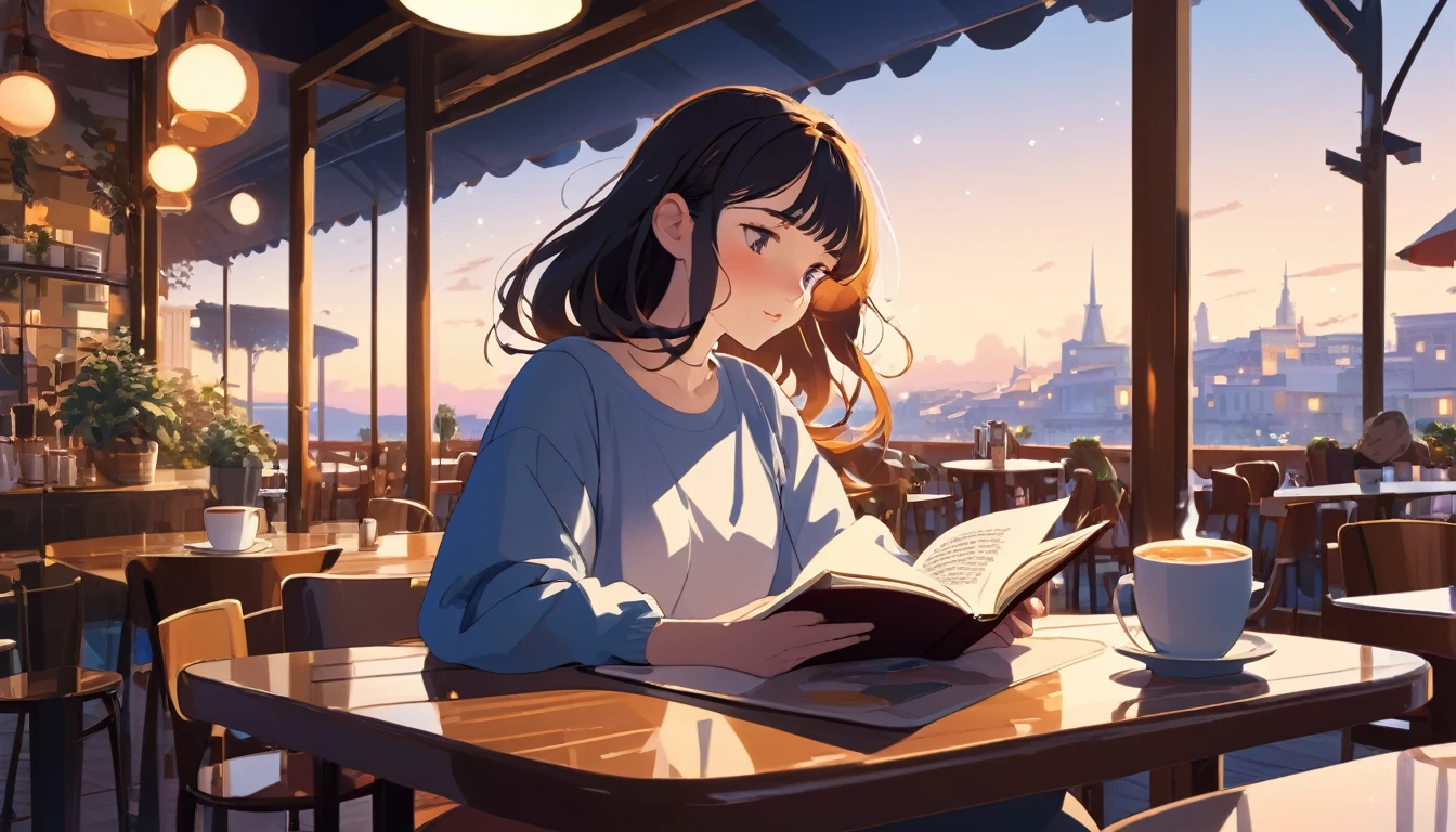 Create an illustration of a girl with black hair and blue eyes, sitting in a chair in front of a desk, Sentimental, Introspective look。, The moonlight gently shines into the room, Gently illuminate the space, Curtains sway in the wind, Increase tranquility, Dark mood, Emphasise the theme of loneliness, silence, And the depths of night, The room is dark、dimly lit by the moonlight