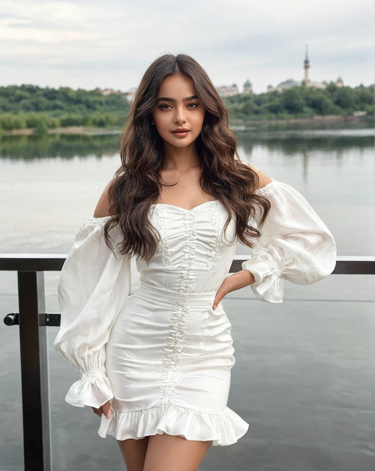 Araffe woman in a white dress posing for a photo., Style of Julia Razumova, isabela moner, wearing a flowy white dress, a beautiful woman dressed in white, inspired by Nina Petrovna Valetova, with a long white dress, Alina Ivánchenko, wearing a stunning ivory dress, olivia blame, silky white suit