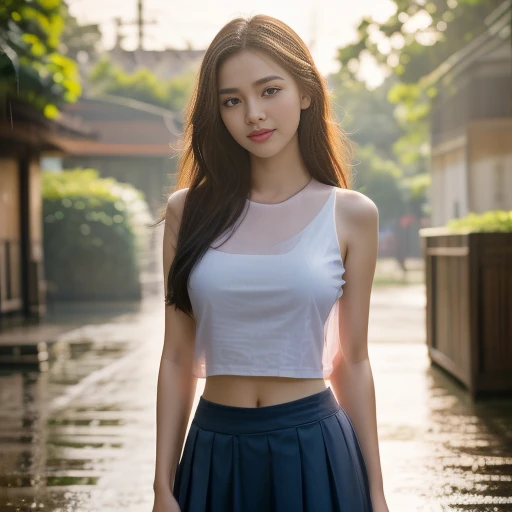 there is a woman with gigantic breast in a standing In the rain, Wet shirt, see through, black underwear, pretty girl standing In the rain, หลังrainและไม่มีสาวๆ, rain, young woman wearing uniform, In the rain, Thai girl, rain award winning photo, school girl, หลังrain, rain!, ในตอนเย็นระหว่างrain, Wet from the rain, rainเปียก, rain portrait, Beautiful and smiling, Masterpiece, best quality:1.2),,(8K,height,raw image,realistic,photo-realistic:1.3),(Fine texture,Fine fabric,Beautifully detailed face:1.25),professional lighting,Photon mapping,beautiful soft light,Radiation,Physical rendering,Ray tracing, Modeling style, Modeling style, (วอลล์เปเปอร์ CG unity 8K ที่มีรายละเอียดมาก), Full-length photos of the most beautiful works of art in the world,