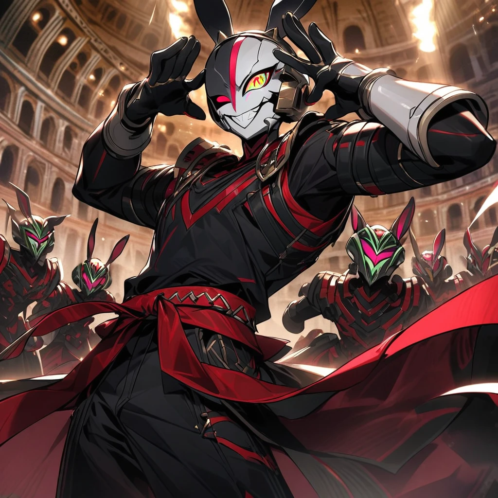 (well done: 1) humanoid white rabbit, gold earrings in the rabbit ears, dark pink left eye, light green right eye, black tank top, bands on the hands up to the forearms, black pants with a red belt on the waist, red sneakers with black details.  in a battle pose with a defiant smile on his face in a coliseum.