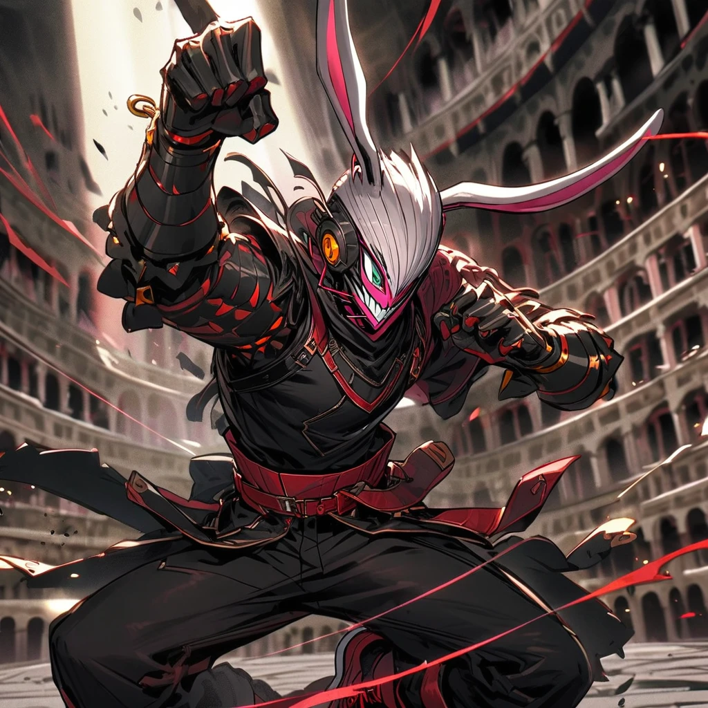 (well done: 1) humanoid white rabbit, gold earrings in the rabbit ears, dark pink left eye, light green right eye, black tank top, bands on the hands up to the forearms, black pants with a red belt on the waist, red sneakers with black details. in a battle pose with a defiant smile on his face in a coliseum.