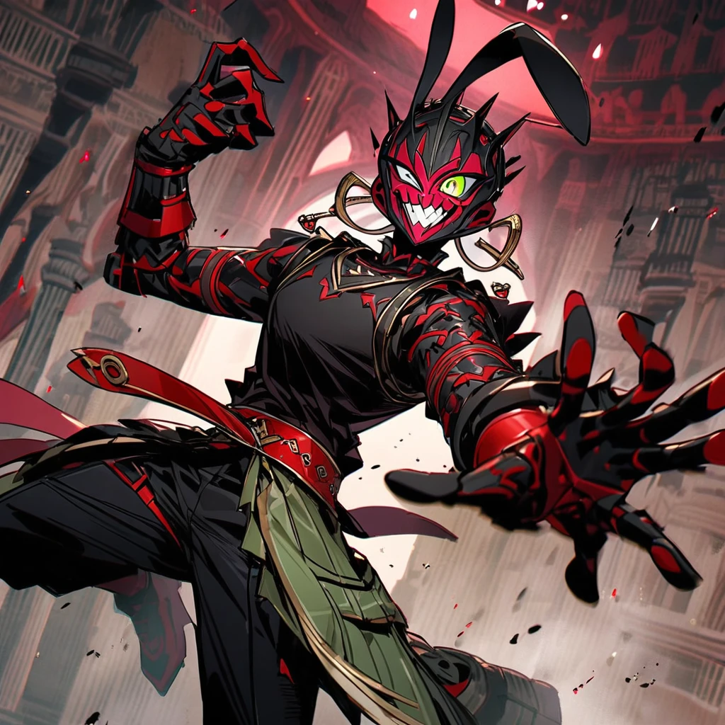 (well done: 1) humanoid rabbit, gold earrings in the rabbit's ears, dark pink left eye, light green right eye, black tank top, bands on the hands up to the forearms, black pants with a red belt on the waist, red sneakers with details black.  in a battle pose with a defiant smile on his face in a coliseum.