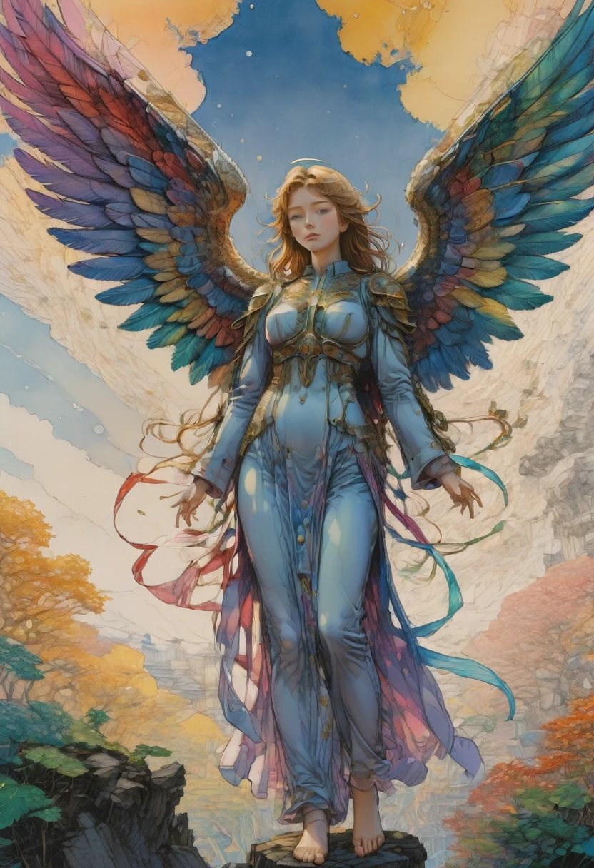 angel, wings, full body, by Naoki Urasawa, best quality, masterpiece, very aesthetic, perfect composition, intricate details, ultra-detailed, vibrant colors