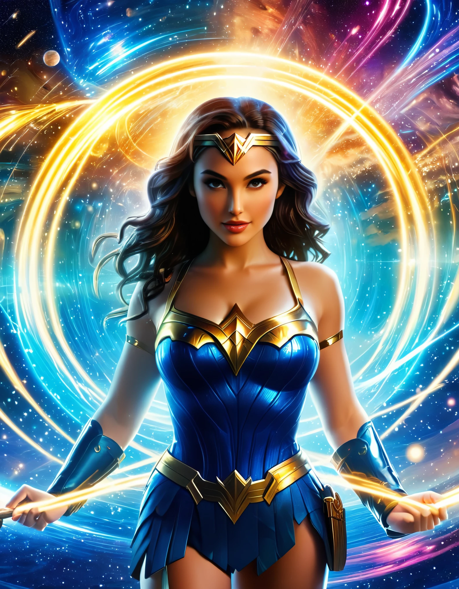 Visualize Wonder Woman from various universes converging in a mesmerizing nexus, symbolizing the interconnectedness of parallel worlds. Hyper realistic photo, 16k, vibrant colors