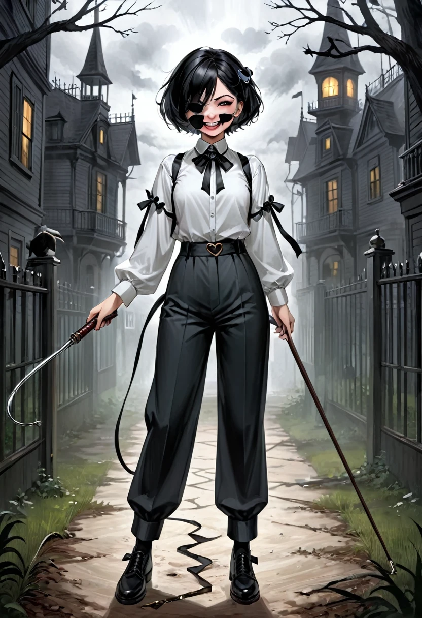 a girl with short black hair, and black eyes evil and crazy, with a heart eye patch, She is dressed in a Victorian-era shirt and dark pants. , and that your environment is dark and gloomy nature, laughing while holding a whip, His appearance is authoritarian and twisted